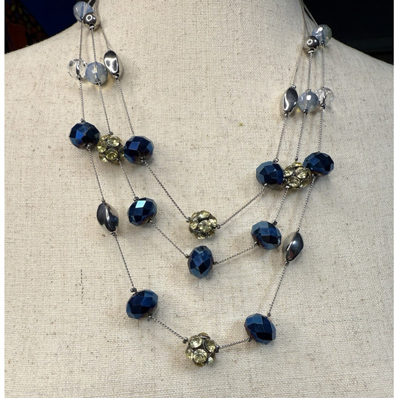 Blue and Clear Glass Faceted Multi-Strand Necklace Silver Tone 22”- 25" Vintage - Picture 4 of 10